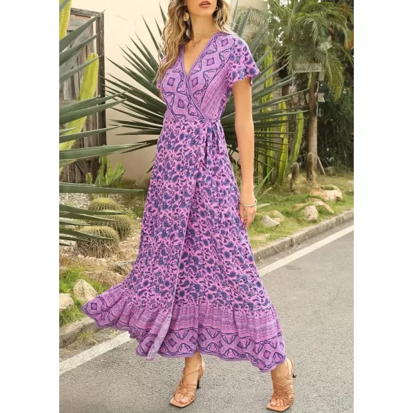 imageZESICA Womens 2024 Bohemian Floral Printed Wrap V Neck Short Sleeve Split Beach Party Maxi DressLightpurple