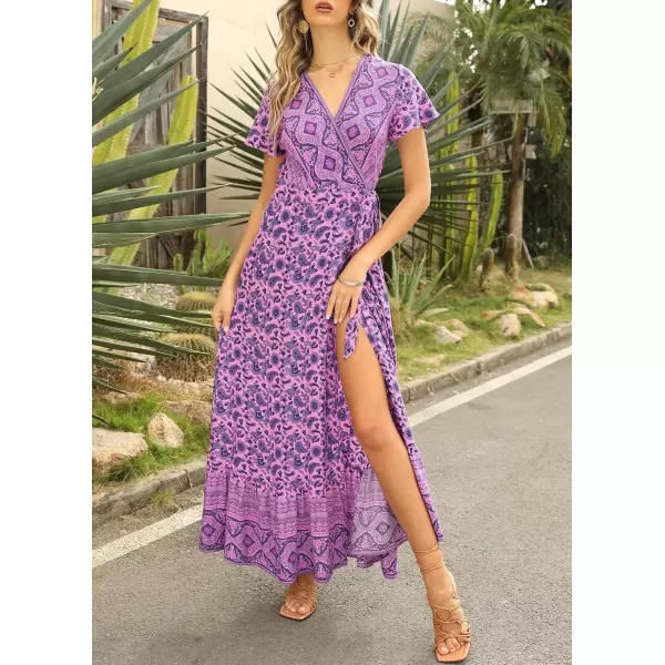imageZESICA Womens 2024 Bohemian Floral Printed Wrap V Neck Short Sleeve Split Beach Party Maxi DressLightpurple