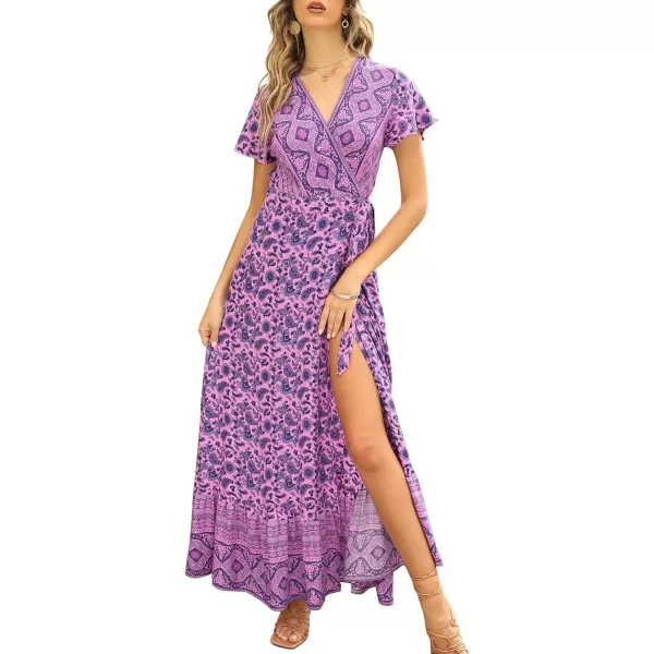 imageZESICA Womens 2024 Bohemian Floral Printed Wrap V Neck Short Sleeve Split Beach Party Maxi DressLightpurple