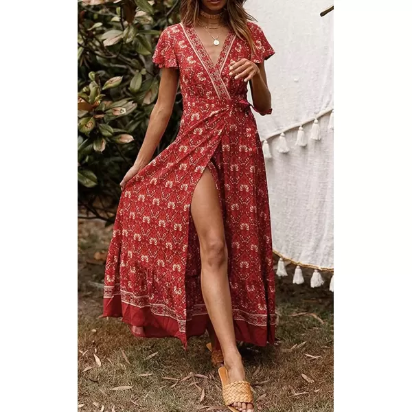 imageZESICA Womens 2024 Bohemian Floral Printed Wrap V Neck Short Sleeve Split Beach Party Maxi DressLychee Red
