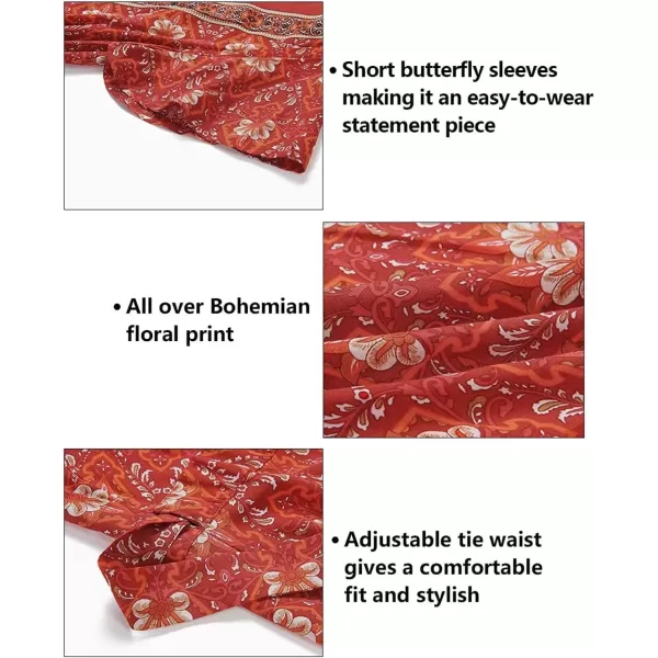 imageZESICA Womens 2024 Bohemian Floral Printed Wrap V Neck Short Sleeve Split Beach Party Maxi DressLychee Red