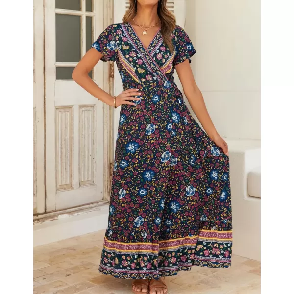imageZESICA Womens 2024 Bohemian Floral Printed Wrap V Neck Short Sleeve Split Beach Party Maxi DressNavy