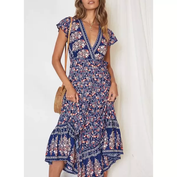 imageZESICA Womens 2024 Bohemian Floral Printed Wrap V Neck Short Sleeve Split Beach Party Maxi DressNavy Blue