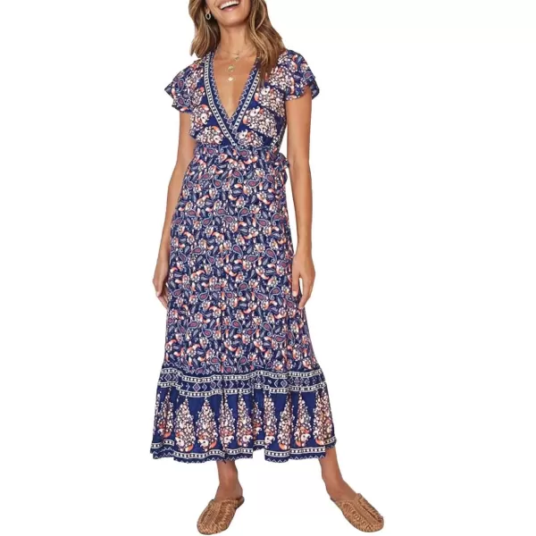 imageZESICA Womens 2024 Bohemian Floral Printed Wrap V Neck Short Sleeve Split Beach Party Maxi DressNavy Blue