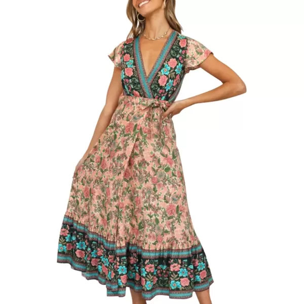 imageZESICA Womens 2024 Bohemian Floral Printed Wrap V Neck Short Sleeve Split Beach Party Maxi DressNude