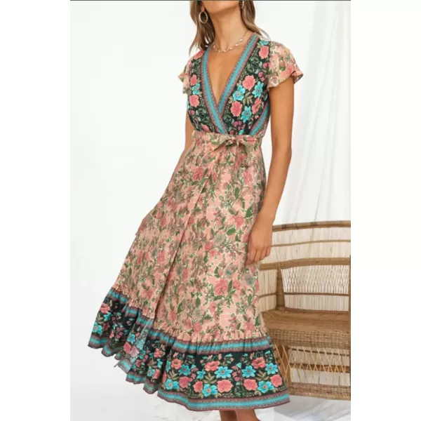 imageZESICA Womens 2024 Bohemian Floral Printed Wrap V Neck Short Sleeve Split Beach Party Maxi DressNude