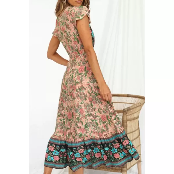 imageZESICA Womens 2024 Bohemian Floral Printed Wrap V Neck Short Sleeve Split Beach Party Maxi DressNude