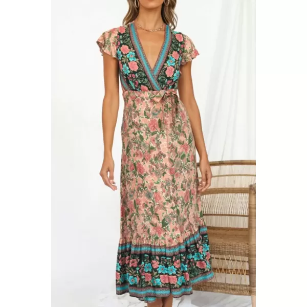 imageZESICA Womens 2024 Bohemian Floral Printed Wrap V Neck Short Sleeve Split Beach Party Maxi DressNude