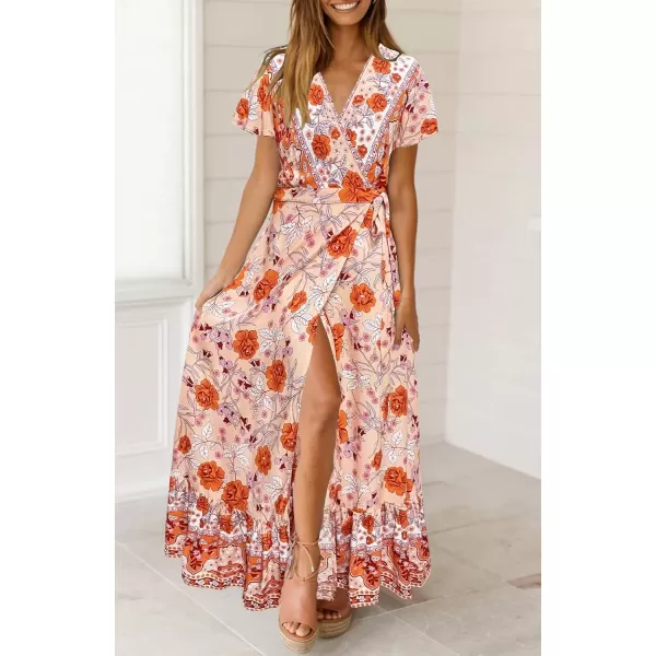 imageZESICA Womens 2024 Bohemian Floral Printed Wrap V Neck Short Sleeve Split Beach Party Maxi DressPeach