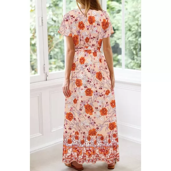 imageZESICA Womens 2024 Bohemian Floral Printed Wrap V Neck Short Sleeve Split Beach Party Maxi DressPeach