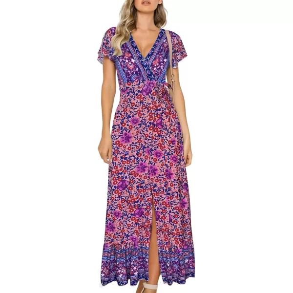 imageZESICA Womens 2024 Bohemian Floral Printed Wrap V Neck Short Sleeve Split Beach Party Maxi DressPurple