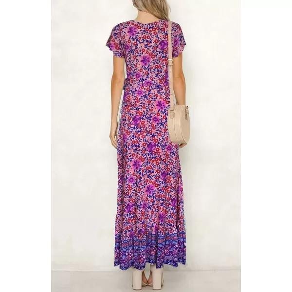 imageZESICA Womens 2024 Bohemian Floral Printed Wrap V Neck Short Sleeve Split Beach Party Maxi DressPurple