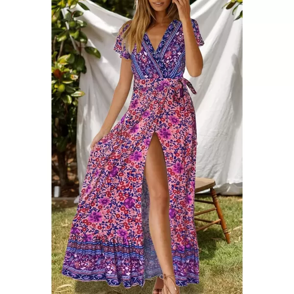 imageZESICA Womens 2024 Bohemian Floral Printed Wrap V Neck Short Sleeve Split Beach Party Maxi DressPurple
