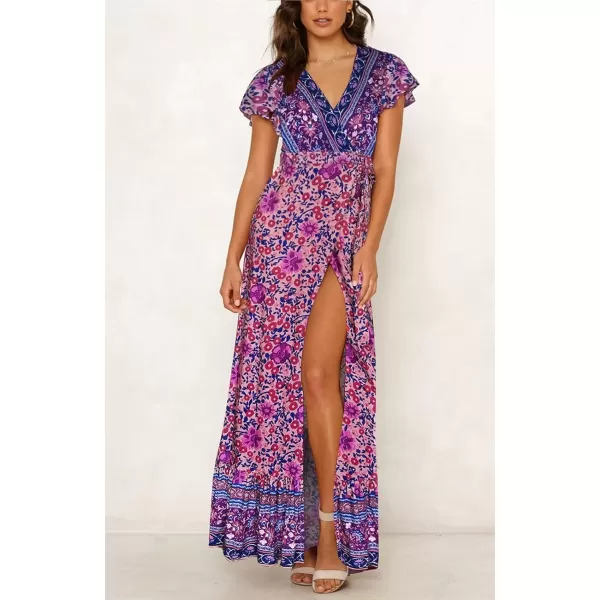 imageZESICA Womens 2024 Bohemian Floral Printed Wrap V Neck Short Sleeve Split Beach Party Maxi DressPurple