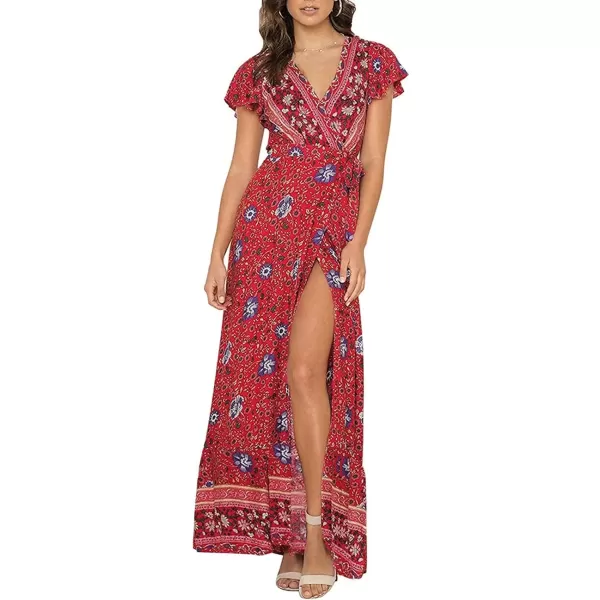 imageZESICA Womens 2024 Bohemian Floral Printed Wrap V Neck Short Sleeve Split Beach Party Maxi DressRed