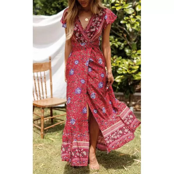 imageZESICA Womens 2024 Bohemian Floral Printed Wrap V Neck Short Sleeve Split Beach Party Maxi DressRed