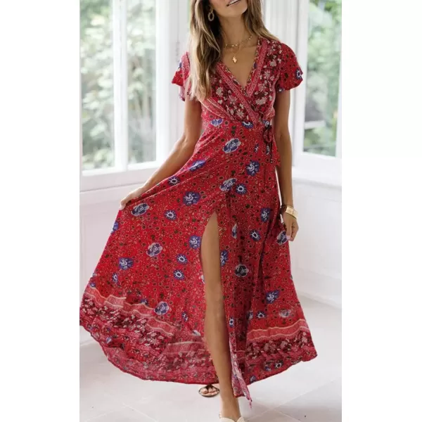 imageZESICA Womens 2024 Bohemian Floral Printed Wrap V Neck Short Sleeve Split Beach Party Maxi DressRed