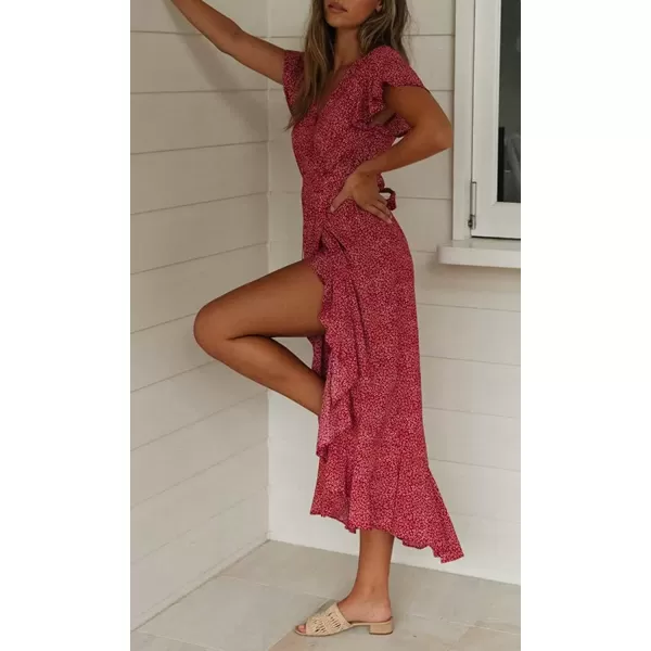 imageZESICA Womens 2024 Bohemian Floral Printed Wrap V Neck Short Sleeve Split Beach Party Maxi DressRedfloral