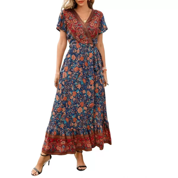 imageZESICA Womens 2024 Bohemian Floral Printed Wrap V Neck Short Sleeve Split Beach Party Maxi DressRoyal Blue