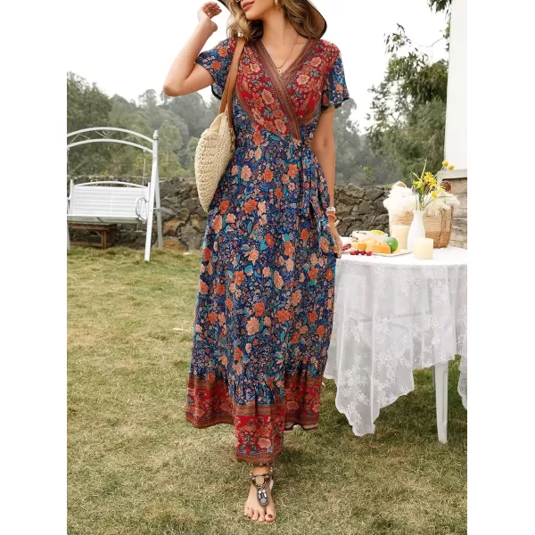 imageZESICA Womens 2024 Bohemian Floral Printed Wrap V Neck Short Sleeve Split Beach Party Maxi DressRoyal Blue