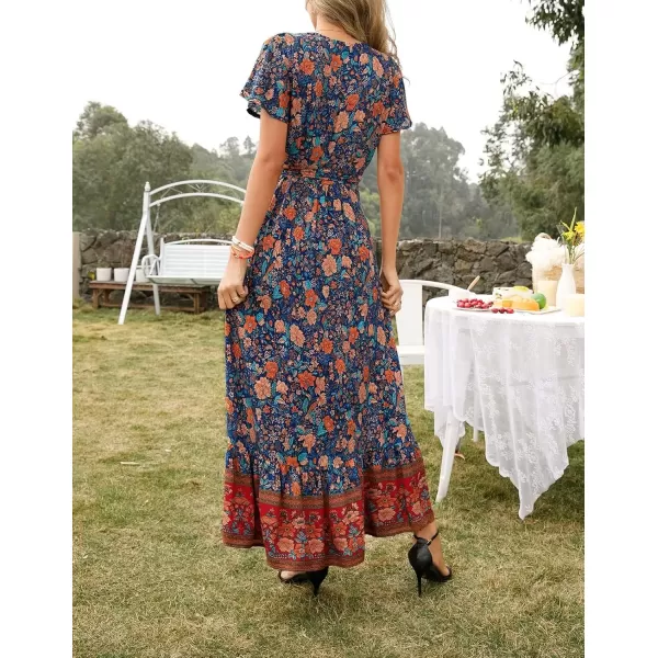 imageZESICA Womens 2024 Bohemian Floral Printed Wrap V Neck Short Sleeve Split Beach Party Maxi DressRoyal Blue