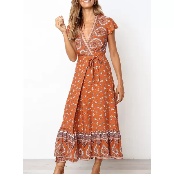 imageZESICA Womens 2024 Bohemian Floral Printed Wrap V Neck Short Sleeve Split Beach Party Maxi DressTangerine