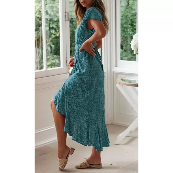 imageZESICA Womens 2024 Bohemian Floral Printed Wrap V Neck Short Sleeve Split Beach Party Maxi DressTeal