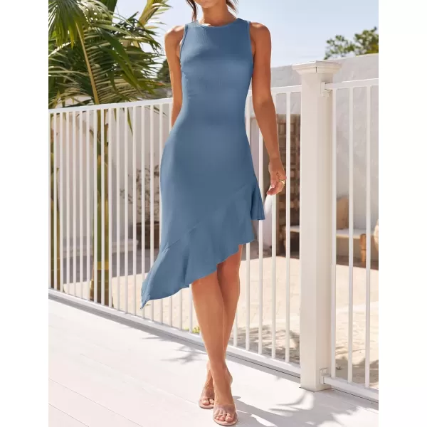 imageZESICA Womens Summer Sleeveless Bodycon Midi Dress Crewneck Ruffle Irregular Hem Ribbed Knit Cocktail Party DressesDark Blue