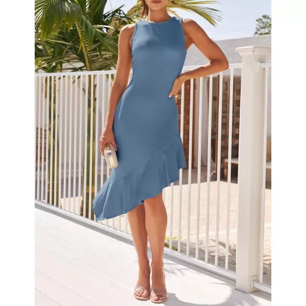 imageZESICA Womens Summer Sleeveless Bodycon Midi Dress Crewneck Ruffle Irregular Hem Ribbed Knit Cocktail Party DressesDark Blue