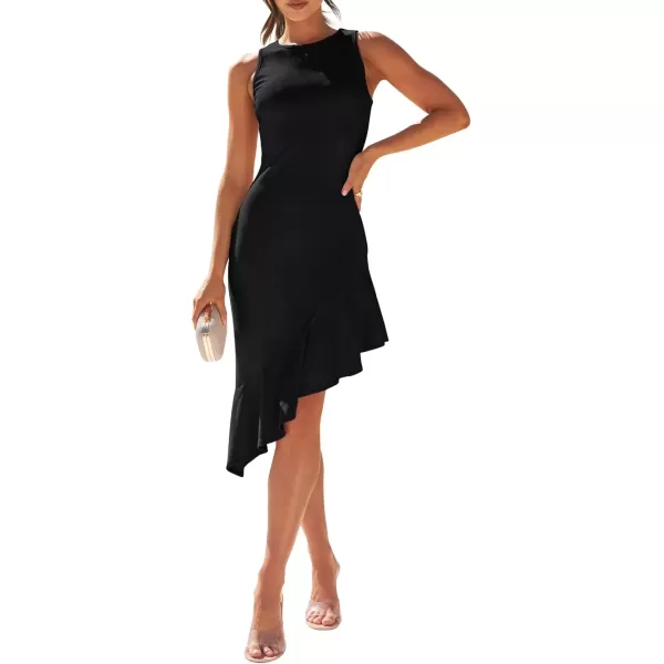 imageZESICA Womens Summer Sleeveless Bodycon Midi Dress Crewneck Ruffle Irregular Hem Ribbed Knit Cocktail Party DressesDim