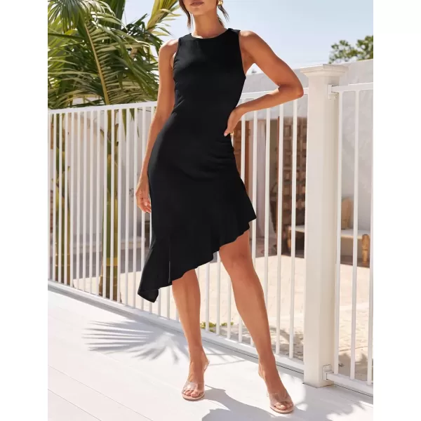 imageZESICA Womens Summer Sleeveless Bodycon Midi Dress Crewneck Ruffle Irregular Hem Ribbed Knit Cocktail Party DressesDim