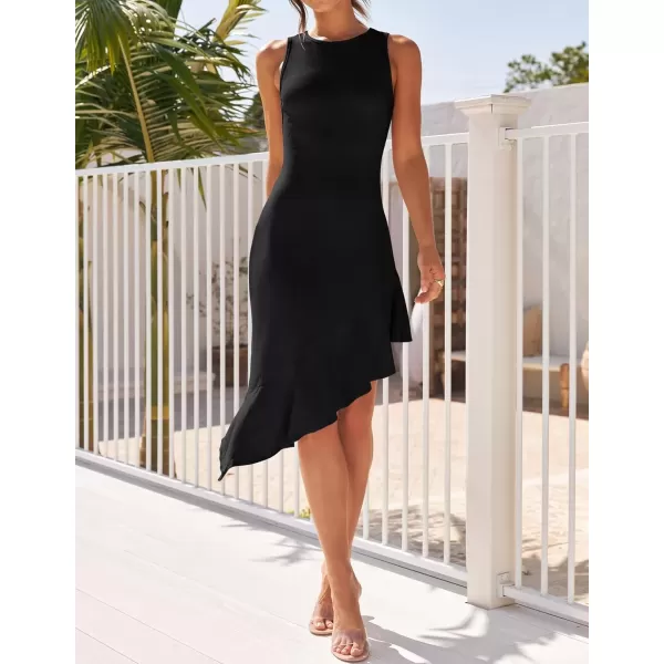 imageZESICA Womens Summer Sleeveless Bodycon Midi Dress Crewneck Ruffle Irregular Hem Ribbed Knit Cocktail Party DressesDim
