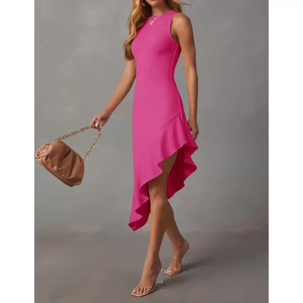 imageZESICA Womens Summer Sleeveless Bodycon Midi Dress Crewneck Ruffle Irregular Hem Ribbed Knit Cocktail Party DressesRose