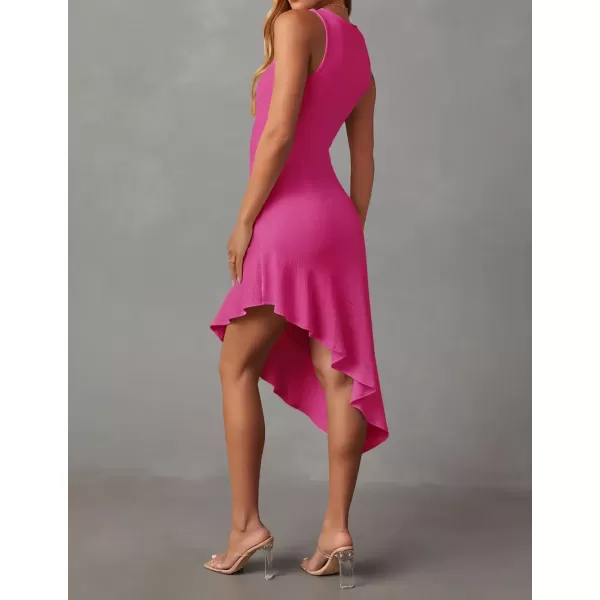 imageZESICA Womens Summer Sleeveless Bodycon Midi Dress Crewneck Ruffle Irregular Hem Ribbed Knit Cocktail Party DressesRose