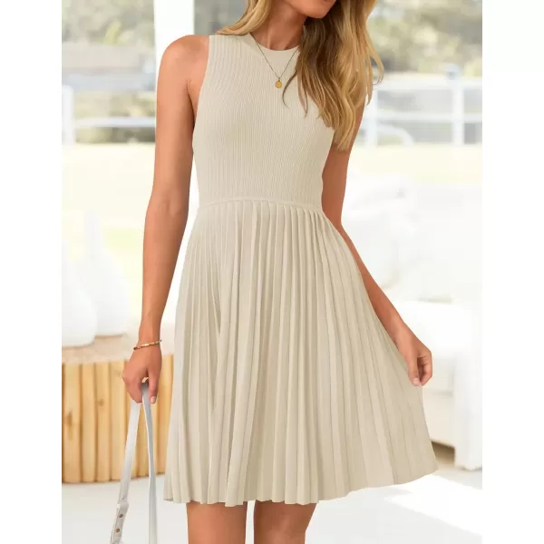 imageZESICA Womens Summer Sleeveless Mini Dress 2024 Crewneck Knit A Line Pleated Swing Casual Basic Short DressAlmond