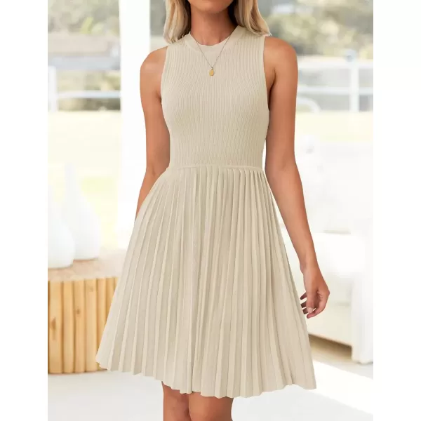 imageZESICA Womens Summer Sleeveless Mini Dress 2024 Crewneck Knit A Line Pleated Swing Casual Basic Short DressAlmond