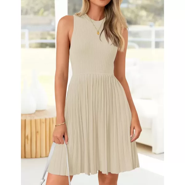 imageZESICA Womens Summer Sleeveless Mini Dress 2024 Crewneck Knit A Line Pleated Swing Casual Basic Short DressAlmond