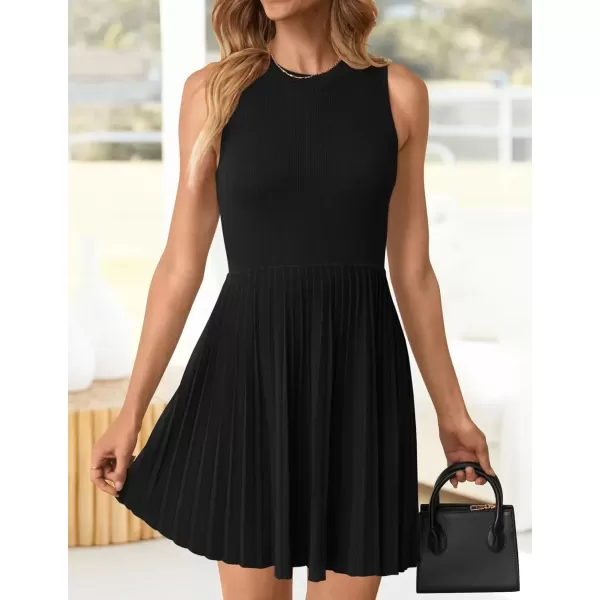 imageZESICA Womens Summer Sleeveless Mini Dress 2024 Crewneck Knit A Line Pleated Swing Casual Basic Short DressBlack