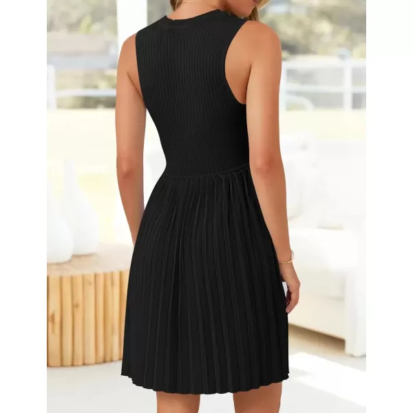 imageZESICA Womens Summer Sleeveless Mini Dress 2024 Crewneck Knit A Line Pleated Swing Casual Basic Short DressBlack