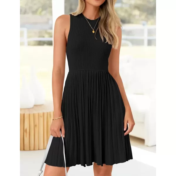 imageZESICA Womens Summer Sleeveless Mini Dress 2024 Crewneck Knit A Line Pleated Swing Casual Basic Short DressBlack