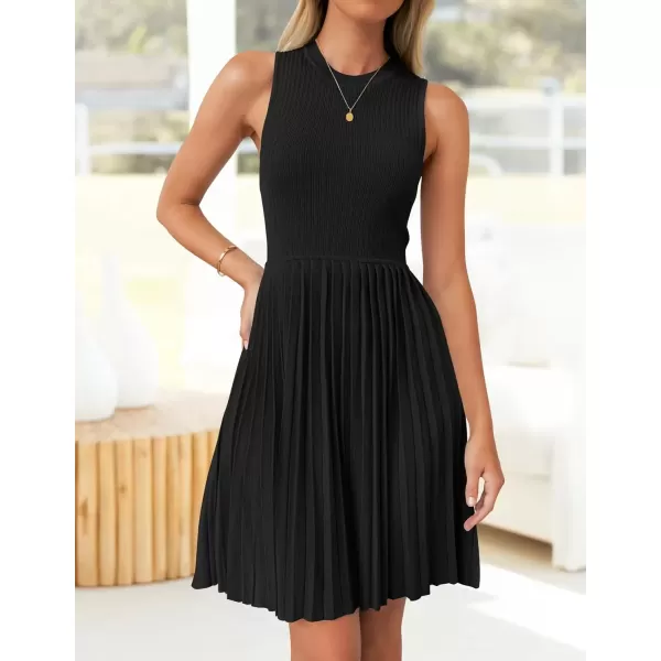 imageZESICA Womens Summer Sleeveless Mini Dress 2024 Crewneck Knit A Line Pleated Swing Casual Basic Short DressBlack