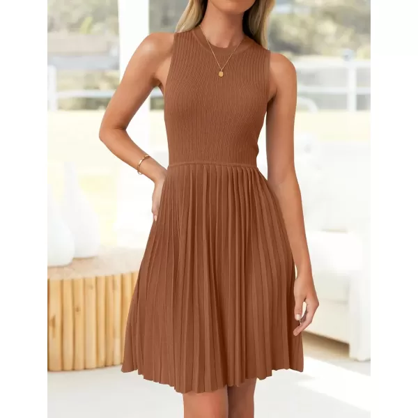 imageZESICA Womens Summer Sleeveless Mini Dress 2024 Crewneck Knit A Line Pleated Swing Casual Basic Short DressCaramel