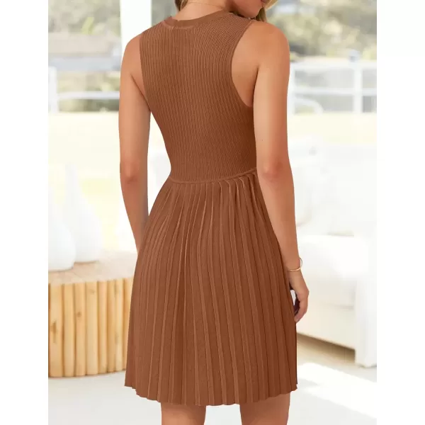 imageZESICA Womens Summer Sleeveless Mini Dress 2024 Crewneck Knit A Line Pleated Swing Casual Basic Short DressCaramel