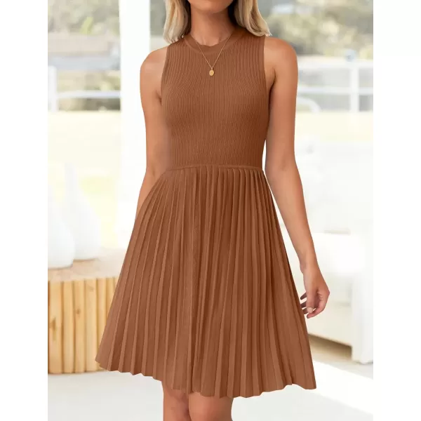 imageZESICA Womens Summer Sleeveless Mini Dress 2024 Crewneck Knit A Line Pleated Swing Casual Basic Short DressCaramel