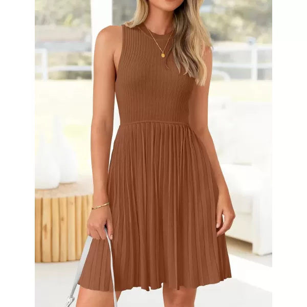 imageZESICA Womens Summer Sleeveless Mini Dress 2024 Crewneck Knit A Line Pleated Swing Casual Basic Short DressCaramel