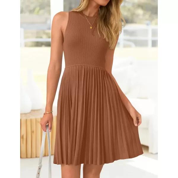 imageZESICA Womens Summer Sleeveless Mini Dress 2024 Crewneck Knit A Line Pleated Swing Casual Basic Short DressCaramel