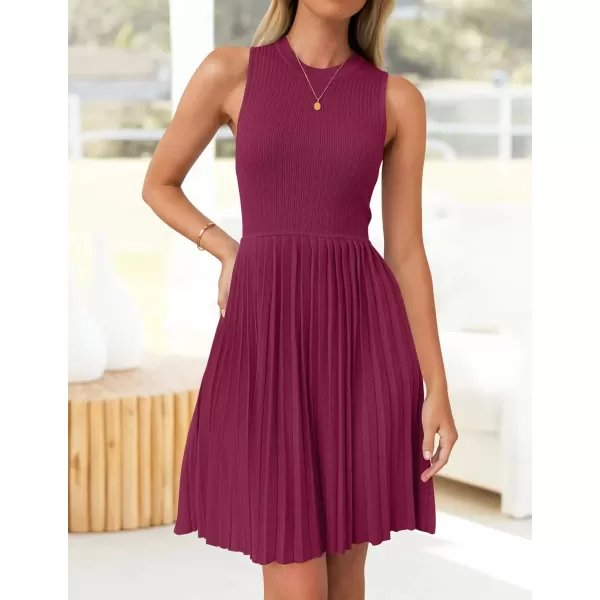 imageZESICA Womens Summer Sleeveless Mini Dress 2024 Crewneck Knit A Line Pleated Swing Casual Basic Short DressEggplant