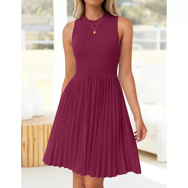 imageZESICA Womens Summer Sleeveless Mini Dress 2024 Crewneck Knit A Line Pleated Swing Casual Basic Short DressEggplant