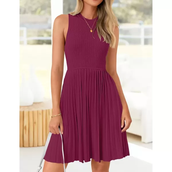 imageZESICA Womens Summer Sleeveless Mini Dress 2024 Crewneck Knit A Line Pleated Swing Casual Basic Short DressEggplant