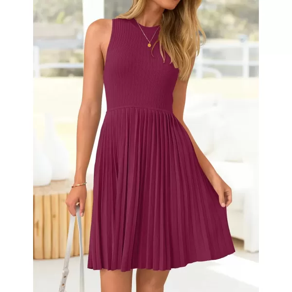 imageZESICA Womens Summer Sleeveless Mini Dress 2024 Crewneck Knit A Line Pleated Swing Casual Basic Short DressEggplant